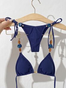 Swim Chiccia Women's Summer Beach Solid Color Halter Tie Sexy Bikini And Triangle Bottom Two-Piece Swimwear Set - Royal Blue - View 1