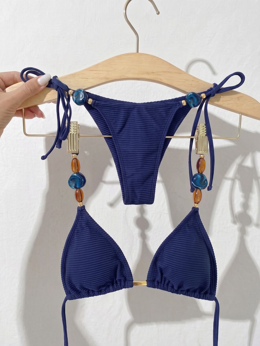 Swim Chiccia Women's Summer Beach Solid Color Halter Tie Sexy Bikini And Triangle Bottom Two-Piece Swimwear Set - Royal Blue - View 1