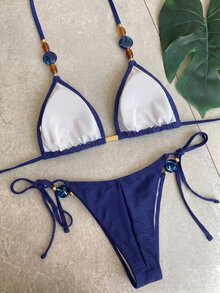 Swim Chiccia Women's Summer Beach Solid Color Halter Tie Sexy Bikini And Triangle Bottom Two-Piece Swimwear Set - Royal Blue - View 2
