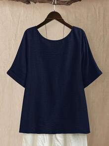 Linhara Plus Size Women's Crew Neck Casual/Daily/Outdoor/Minimalist/Vacation Textured Grass Green Pullover Top, Spring/Summer - Navy Blue - View 2
