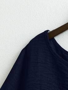 Linhara Plus Size Women's Crew Neck Casual/Daily/Outdoor/Minimalist/Vacation Textured Grass Green Pullover Top, Spring/Summer - Navy Blue - View 5