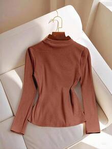 Franclia Women's Solid Color Elegant Contrast Color Long Sleeve T-Shirt, Autumn - Coral Orange - View 4