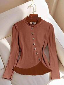 Franclia Women's Solid Color Elegant Contrast Color Long Sleeve T-Shirt, Autumn - Coral Orange - View 3