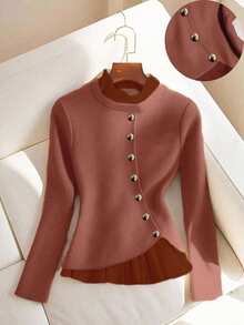 Franclia Women's Solid Color Elegant Contrast Color Long Sleeve T-Shirt, Autumn - Coral Orange - View 2