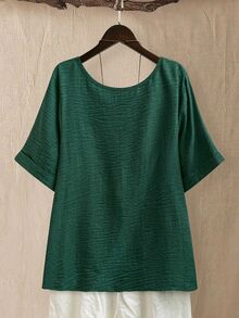 EMERY ROSE Blusa holgada de cuello redondo cómoda y sencilla para mujer de talla grande, para uso casual/diario/salir, color verde oscuro, para primavera/verano - Verde Oscuro - Ver 2