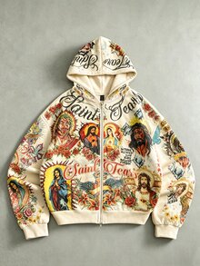 ROMWE MEN 2026 Spring/Autumn/Winter New Pattern Design Sweatshirt Jacket Casual Plus Size Unisex Couple Style Men's Casual American Vintage Vacation Streetwear Hooded Sweatshirt Autumn/Winter Top - Apricot - View 5