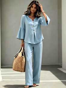 SHEIN LUNE Solid Notch Neck Flounce Sleeve Fold Pleated Top & Wide Leg Pants Set - Blue - View 4