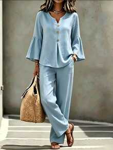 SHEIN LUNE Solid Notch Neck Flounce Sleeve Fold Pleated Top & Wide Leg Pants Set - Blue - View 3