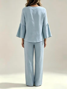 SHEIN LUNE Solid Notch Neck Flounce Sleeve Fold Pleated Top & Wide Leg Pants Set - Blue - View 2