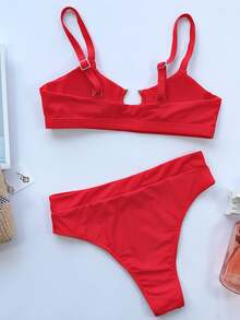 Swim Vcay Conjunto de bikini unicolor con anillo en los puños, sujetador de cami con correa ajustable y bottom de talle alto, traje de baño de 2 piezas - Rojo - Ver 3