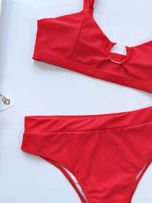Swim Vcay Conjunto de bikini unicolor con anillo en los puños, sujetador de cami con correa ajustable y bottom de talle alto, traje de baño de 2 piezas - Rojo - Ver 4