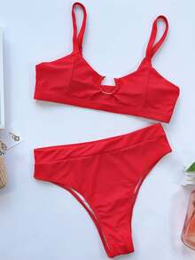 Swim Vcay Conjunto de bikini unicolor con anillo en los puños, sujetador de cami con correa ajustable y bottom de talle alto, traje de baño de 2 piezas - Rojo - Ver 5
