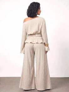 Enliva Plus-Size Women's Apricot One-Shoulder Ruffled Top And Wide-Leg Pants Two Pieces Workwear Set Work Wear Women - Apricot - View 2