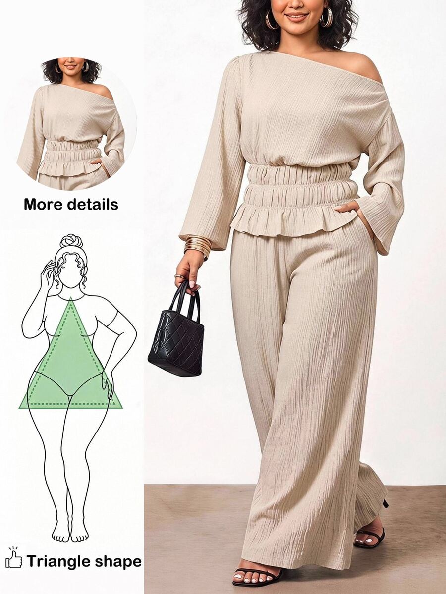 Enliva Plus-Size Women's Apricot One-Shoulder Ruffled Top And Wide-Leg Pants Two Pieces Workwear Set Work Wear Women - Apricot - View 1