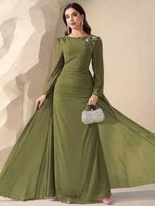 Coutiva 女款高級晚禮服舞會長裙，長袖優雅名媛奢華洋裝 - 橄欖綠 - 查看 3