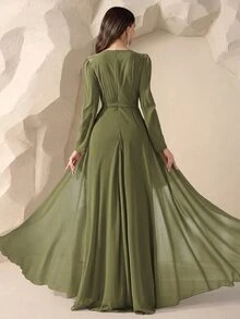 Coutiva 女款高級晚禮服舞會長裙，長袖優雅名媛奢華洋裝 - 橄欖綠 - 查看 2