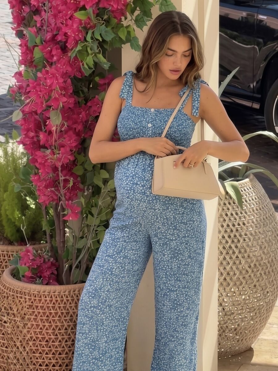 SHEIN 孕妇度假风碎花纽扣设计连体裤 - 藍色 - 查看 1