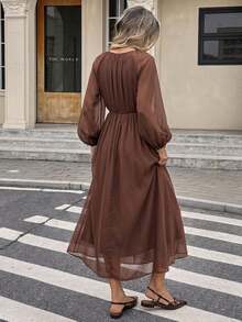 Serisse Women's Elegant Vintage Ruffle Trim Long Sleeve Dress - Coffee Brown - View 3