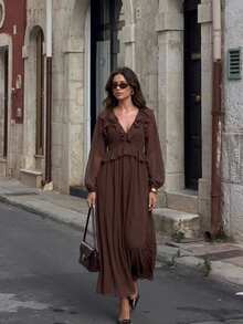 Serisse Women's Elegant Vintage Ruffle Trim Long Sleeve Dress - Coffee Brown - View 4