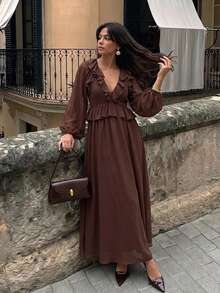 Serisse Women's Elegant Vintage Ruffle Trim Long Sleeve Dress - Coffee Brown - View 2