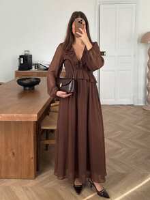 Serisse Women's Elegant Vintage Ruffle Trim Long Sleeve Dress - Coffee Brown - View 6