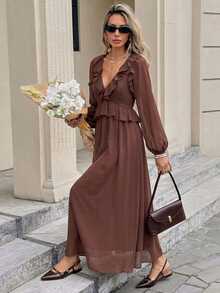 Serisse Women's Elegant Vintage Ruffle Trim Long Sleeve Dress - Coffee Brown - View 7