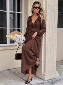 Serisse Women's Elegant Vintage Ruffle Trim Long Sleeve Dress - Coffee Brown - View 9
