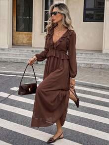 Serisse Women's Elegant Vintage Ruffle Trim Long Sleeve Dress - Coffee Brown - View 1