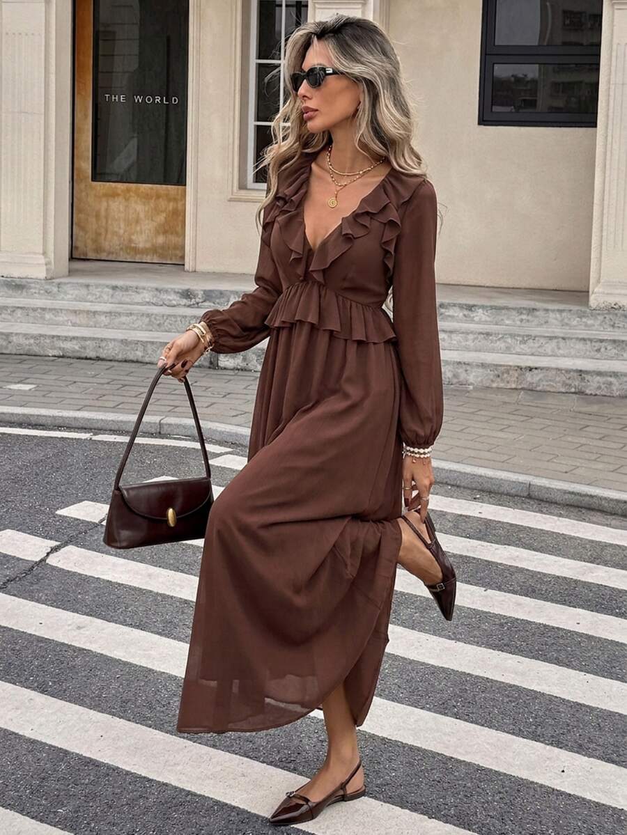 Serisse Women's Elegant Vintage Ruffle Trim Long Sleeve Dress - Coffee Brown - View 1