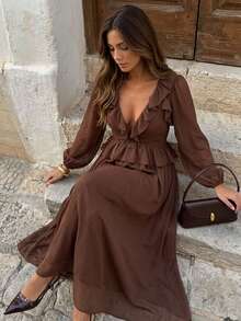 Serisse Women's Elegant Vintage Ruffle Trim Long Sleeve Dress - Coffee Brown - View 5