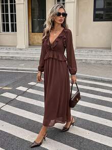Serisse Women's Elegant Vintage Ruffle Trim Long Sleeve Dress - Coffee Brown - View 8