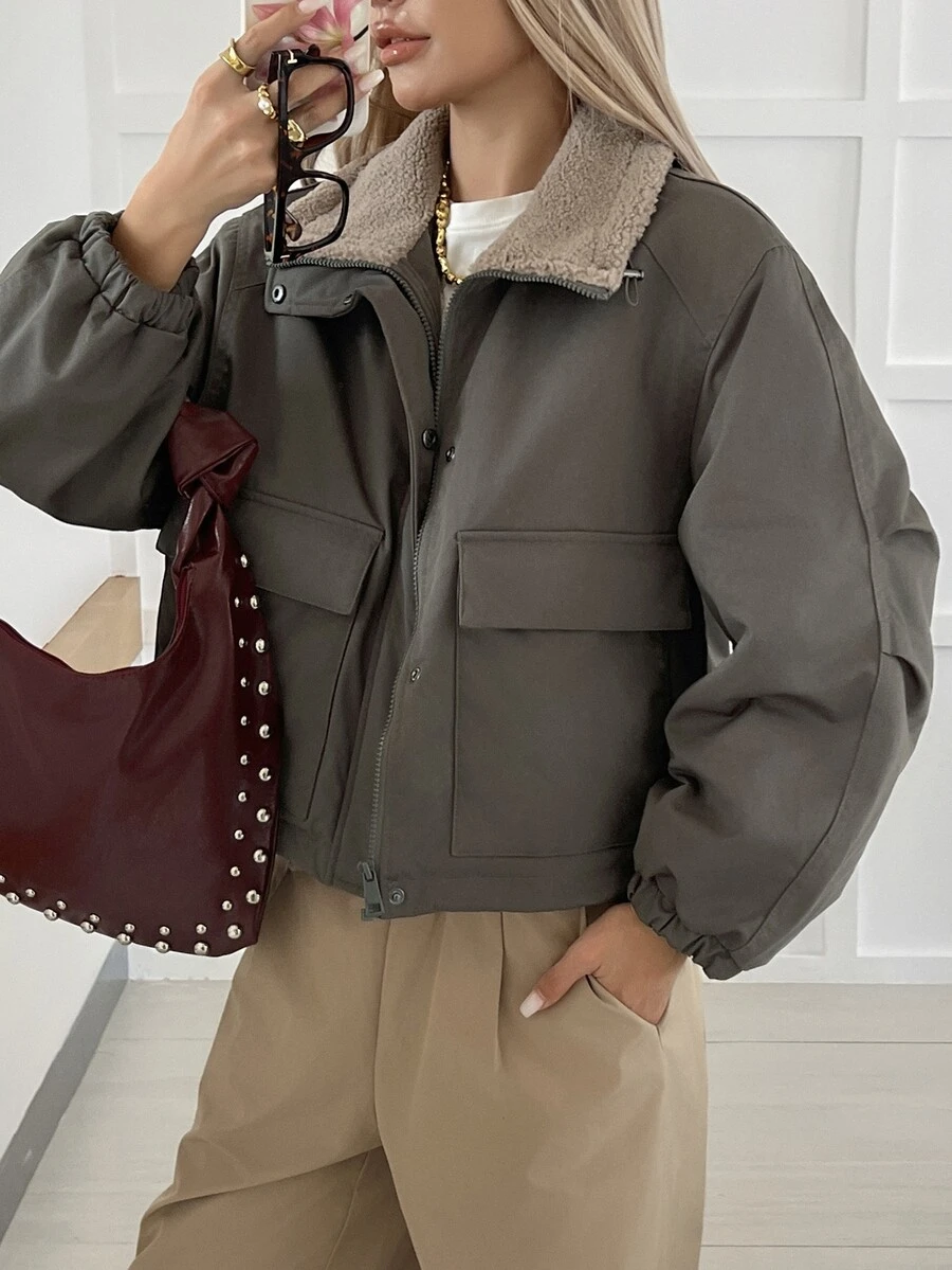 Livesso Women's Olive Green Hooded Drawstring Long Sleeve Thick Pocket Decor Loose Fit Jacket, Winter - Olive Green - View 1