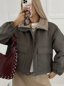 Livesso Women's Olive Green Hooded Drawstring Long Sleeve Thick Pocket Decor Loose Fit Jacket, Winter - Olive Green - View 5