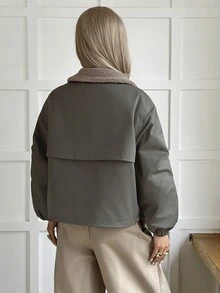 Livesso Women's Olive Green Hooded Drawstring Long Sleeve Thick Pocket Decor Loose Fit Jacket, Winter - Olive Green - View 2