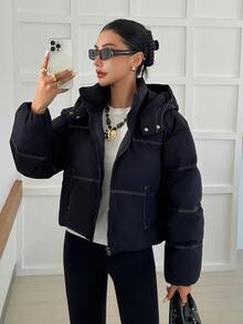 Livesso Women's Winter Navy Blue Hooded Drawstring Long Sleeve Thick Padded Pocket Decor Loose Padded Coat - Navy Blue - View 5