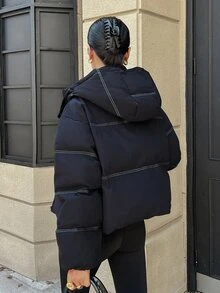 Livesso Women's Winter Navy Blue Hooded Drawstring Long Sleeve Thick Padded Pocket Decor Loose Padded Coat - Navy Blue - View 2