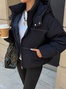 Livesso Women's Winter Navy Blue Hooded Drawstring Long Sleeve Thick Padded Pocket Decor Loose Padded Coat - Navy Blue - View 3