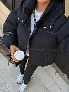 Livesso Women's Winter Navy Blue Hooded Drawstring Long Sleeve Thick Padded Pocket Decor Loose Padded Coat - Navy Blue - View 1