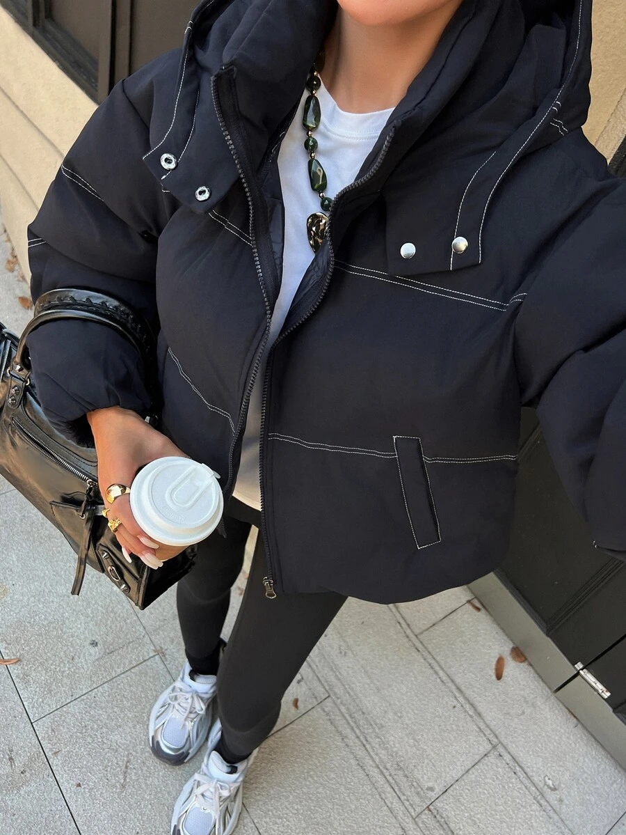 Livesso Women's Winter Navy Blue Hooded Drawstring Long Sleeve Thick Padded Pocket Decor Loose Padded Coat - Navy Blue - View 1