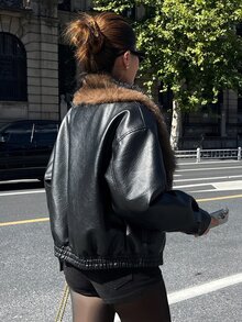 Livesso Women's Winter Black Hooded Drawstring Long Sleeve Thickened Pocket Decor Loose Padded Coat - Black - View 2