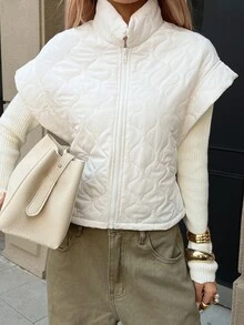 Livesso Women's Solid Color Zipper Front Casual Vest Winter Coat - White - View 5