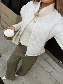Livesso Women's Solid Color Zipper Front Casual Vest Winter Coat - White - View 6