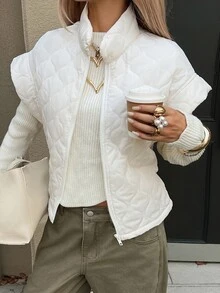 Livesso Women's Solid Color Zipper Front Casual Vest Winter Coat - White - View 4