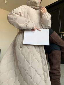 Livesso Winter Apricot Hooded Drawstring Long Sleeve Thick Pocket Decor Loose Women's Padded Coat - Apricot - View 1