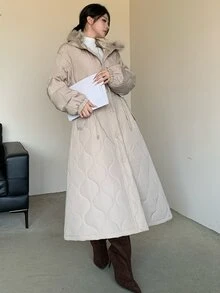 Livesso Winter Apricot Hooded Drawstring Long Sleeve Thick Pocket Decor Loose Women's Padded Coat - Apricot - View 5