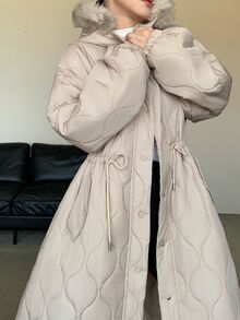 Livesso Winter Apricot Hooded Drawstring Long Sleeve Thick Pocket Decor Loose Women's Padded Coat - Apricot - View 3