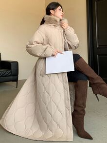 Livesso Winter Apricot Hooded Drawstring Long Sleeve Thick Pocket Decor Loose Women's Padded Coat - Apricot - View 4
