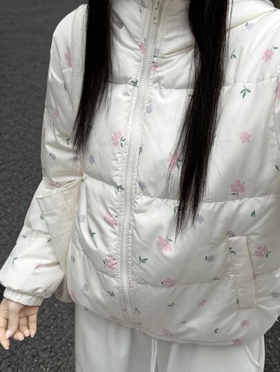 Livesso Women's Winter White Hooded Drawstring Long Sleeve Thickened Pocket Decor Loose Padded Coat