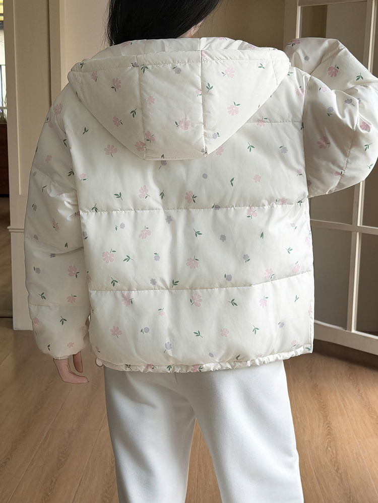 Livesso Women's Winter White Hooded Drawstring Long Sleeve Thickened Pocket Decor Loose Padded Coat - White - View 2