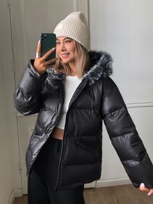 Livesso Women's Winter Casual Versatile Fur Collar Hooded Jacket - Black - View 1